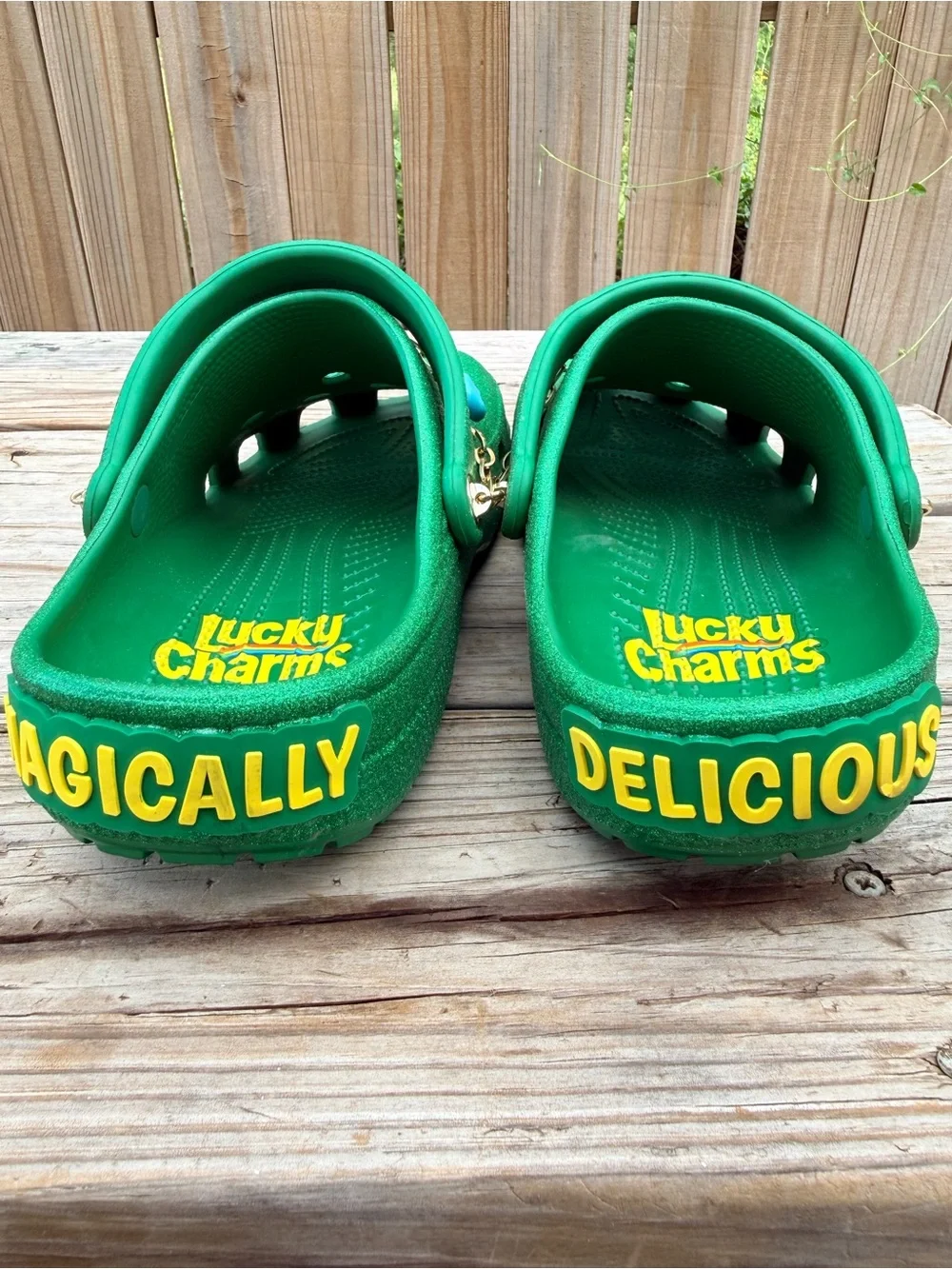 CROCS Kids Green Glitter Clogs with Charm Chain